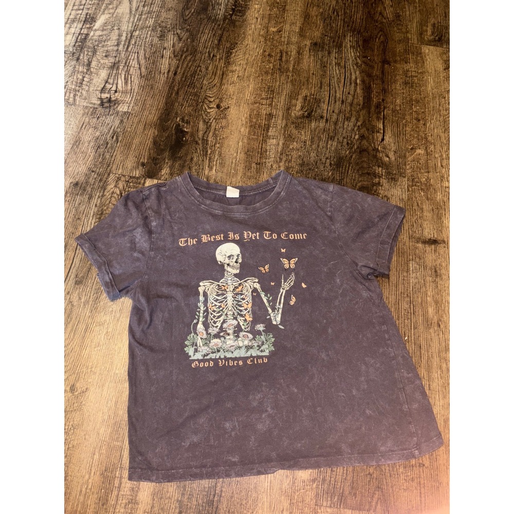 Electric Pink Acid Wash Skeleton Butterfly Graphic Tee Charcoal Grey Medium